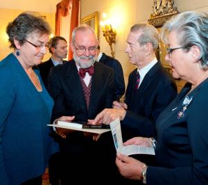 Andrew Stallybrass, director of Caux Books, Eliane Maillefer, Caux archivist and her sister, Danielle Maillefer, present a copy of ‘No Enemy to Conquer’ to King Michael of Romania at the Elizabetha Palace in Bucharest on the occasion of his 90th birthday (25 October 2012)