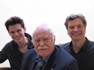 Image from the production of The Railway Man – Eric Lomax (centre), the former POW who put decades of suffering behind him to reconcile with the man who had caused him pain is flanked by the actors who portray him in the film of his memoirs: Jeremy Irvine (left) plays the young Eric imprisoned in Burma, and Colin Firth (right), the older Eric fighting to excise the demons of his past.