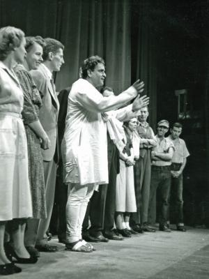 Prithviraj Kapur on stage after a performance of The Forgotten Factor